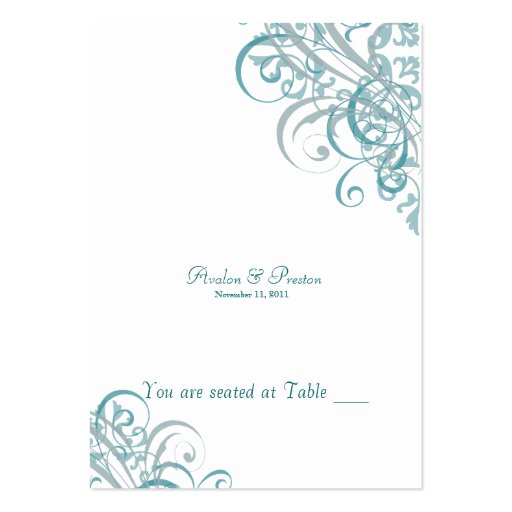 Exquisite Baroque Teal & White Scroll Placecard Business Card Templates (front side)