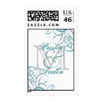 Exquisite Monogram Teal & White Scroll Postage