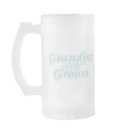 glass_mug - Our Extravaganza Grandpa of the Groom design T-shirts, mugs, tote bags, keychains, cards, and other groom's grandpa items features a unique blue text design. We have the matching Extravaganza T-shirts and other items for both male and female wedding party members and family members in melon or blue. You can customize these items with a name on the spot!