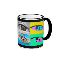eye photographs and pop art style coffee mugs