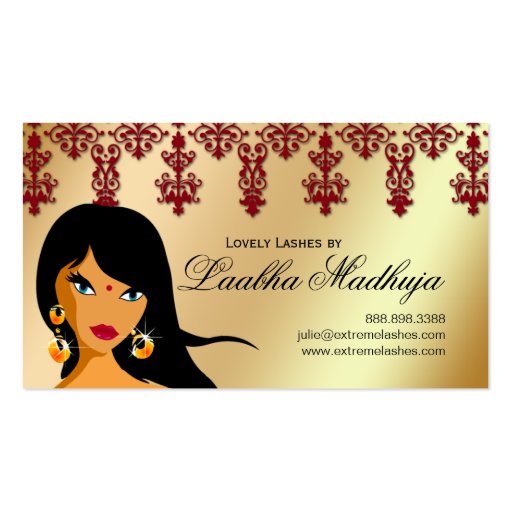 Eyelash Business Card Indian Woman Gold Burgundy (back side)