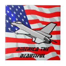 F16 Fighting Falcon Fighter Jet American Flag Ceramic Tile