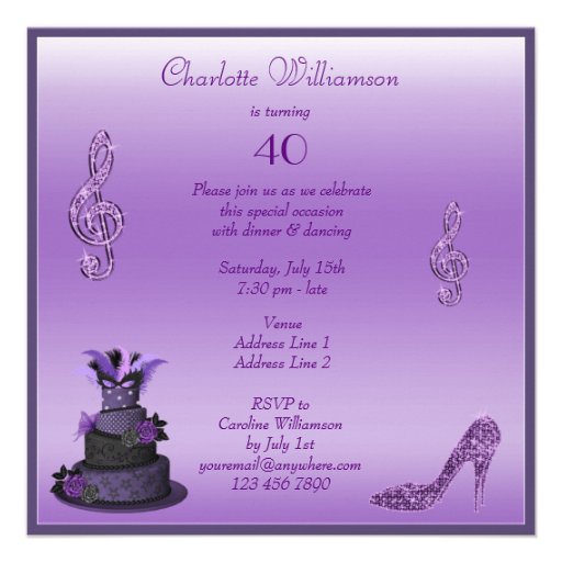 Fab 40 Purple Diva Cake, Sparkle Heels Birthday Invitations