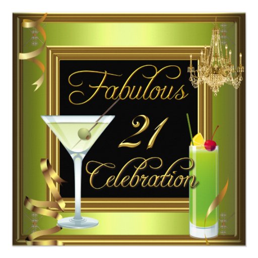 Fabulous 21 Celebration Gold Green Birthday Party Custom Invitations