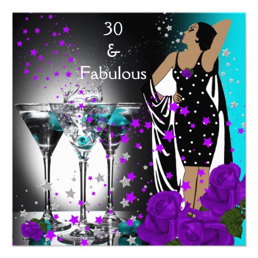 Fabulous 30 30th Birthday Teal Purple Roses Custom Announcements (front side)