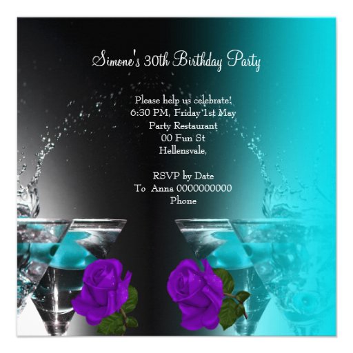 Fabulous 30 30th Birthday Teal Purple Roses Custom Announcements
