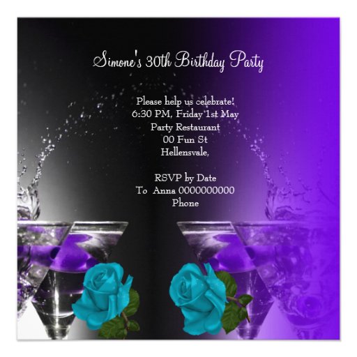 Fabulous 30 30th Birthday Teal Roses Purple Invitations