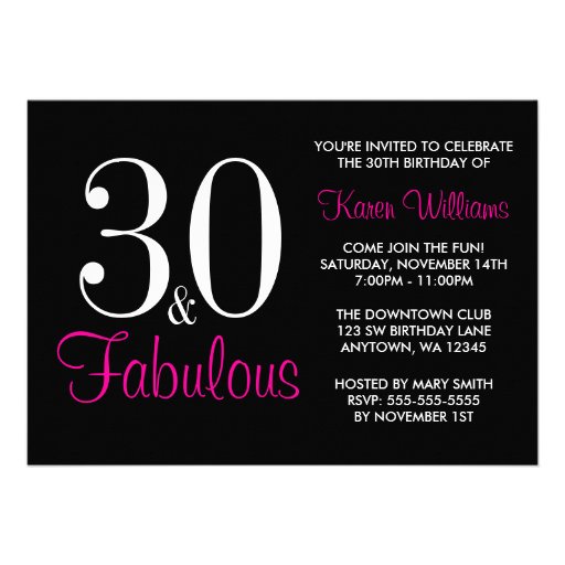 Fabulous 30th Black and Pink Birthday Party Custom Invitation