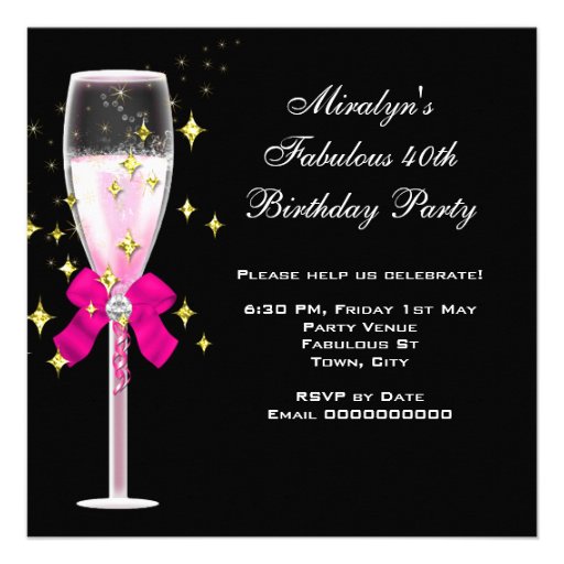 Fabulous 40 Hot Pink Gold Black Bubbles Party Invitation