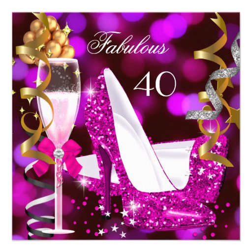 Fabulous 40 Hot Pink Gold Bubbles Glitter Party 2 Personalized Invitations