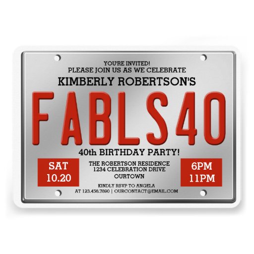 Fabulous 40 License Plate Birthday Invitations