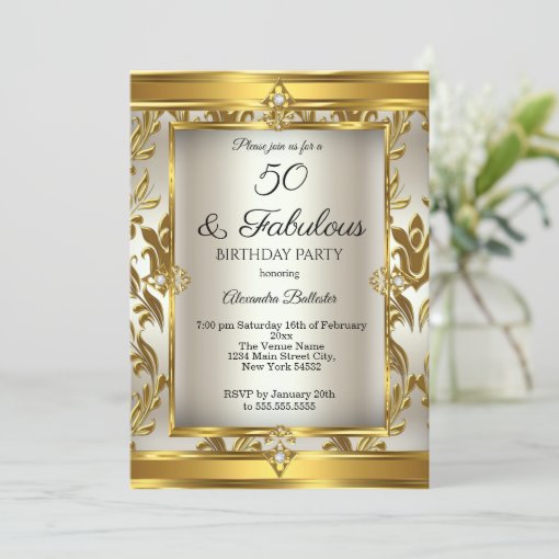 Fabulous 50 Cream Gold Damask Birthday Party Invitation Zazzle