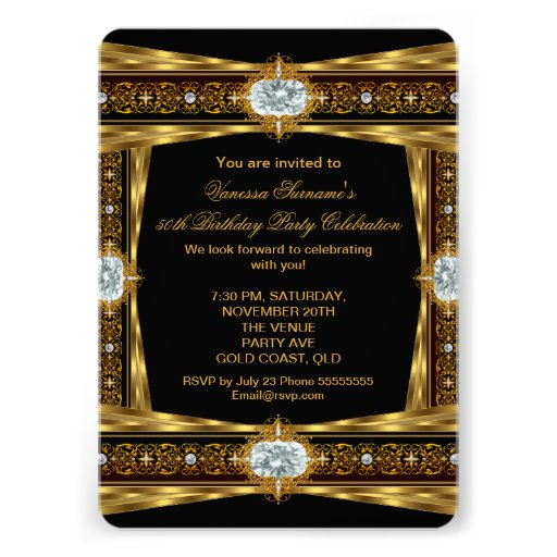 Fabulous 50 Elegant Diamond Gem Gold Black Photo 8 Custom Invites