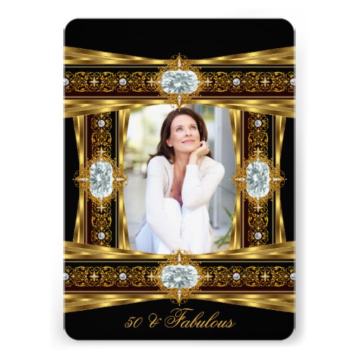 Fabulous 50 Elegant Diamond Gem Gold Black Photo 8 Custom Invites