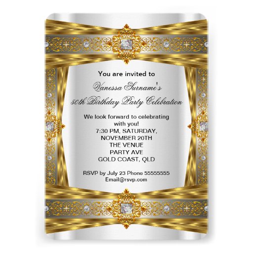 Fabulous 50 Elegant Diamond Gem Gold White Photo Custom Invites