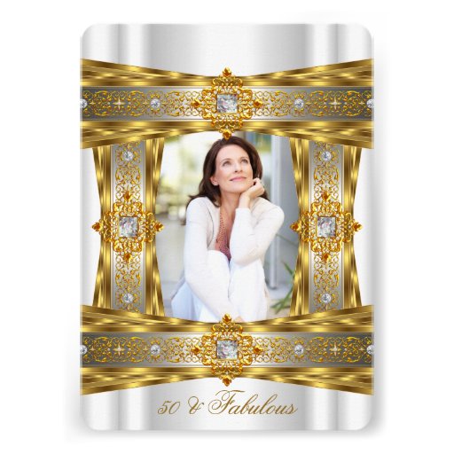 Fabulous 50 Elegant Diamond Gem Gold White Photo Custom Invites