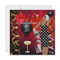 Fabulous 50 Fifty Diva Birthday Black Red Balloon Invites