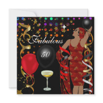 Fabulous 50 Fifty Diva Birthday Black Red Lights Custom Invites