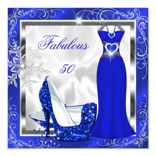 Fabulous 50 Party Royal Blue Silver Dress Heels S9 Invitation | Zazzle