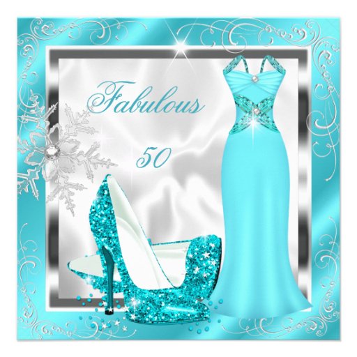 Fabulous 50 Party Teal Blue Silver Dress Heels S10 Invitations