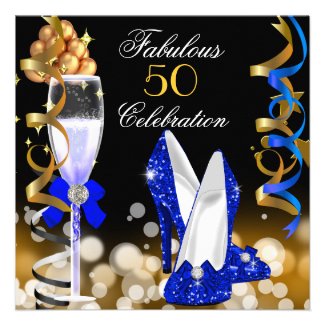 Fabulous 50 Royal Blue Black Gold Birthday Party Custom Invites