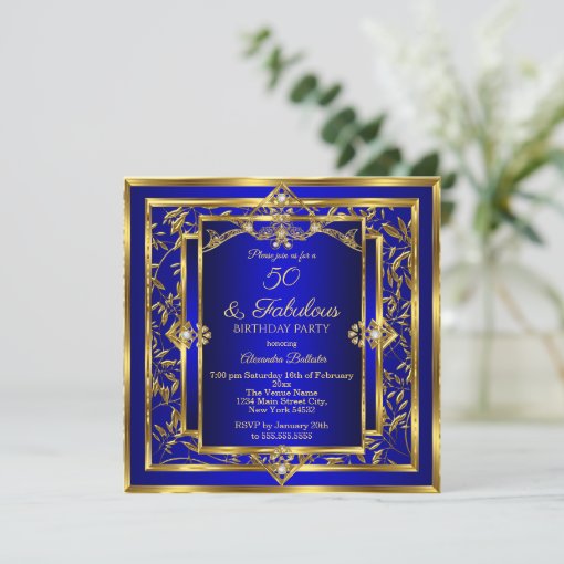 Fabulous 50 Royal Blue Gold Damask Birthday Party Invitation Zazzle