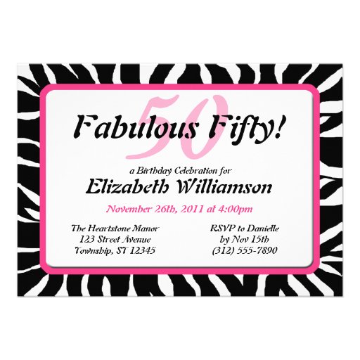 Fabulous 50 Zebra Print & Pink Birthday Invites