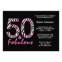 Fabulous 50th Black and Pink Zebra Birthday Personalized Announcement