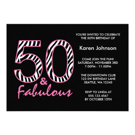 Fabulous 50th Black and Pink Zebra Birthday Personalized Announcement