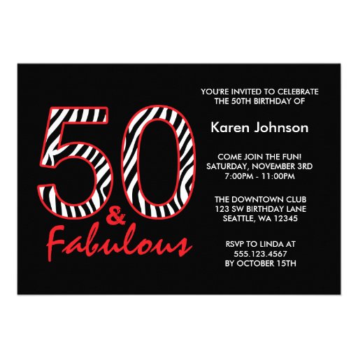 Fabulous 50th Black and Red Zebra Birthday Invite