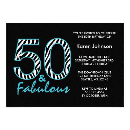 Fabulous 50th Black and Teal Zebra Birthday Personalized Invites