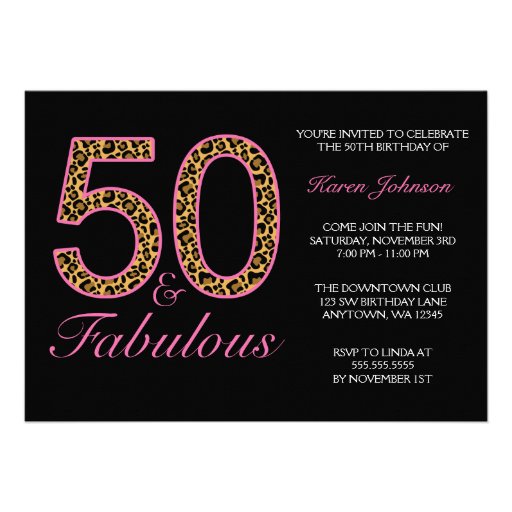 Fabulous 50th Pink Black Leopard Birthday Party Custom Invites