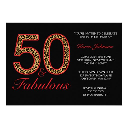 Fabulous 50th Red Black Leopard Birthday Party Custom Announcements