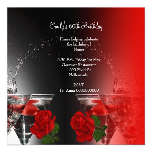 Fabulous 60 60th Birthday Party Red Roses Martini Invite