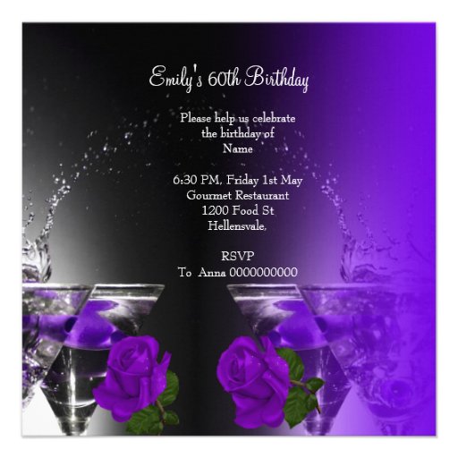 Fabulous 60 60th Birthday Purple Roses Martini Invitation