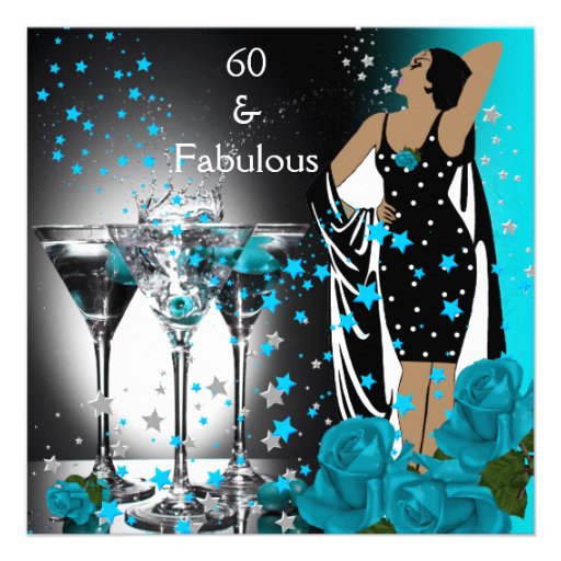 Fabulous 60 60th Birthday Teal Roses Martini Invitation