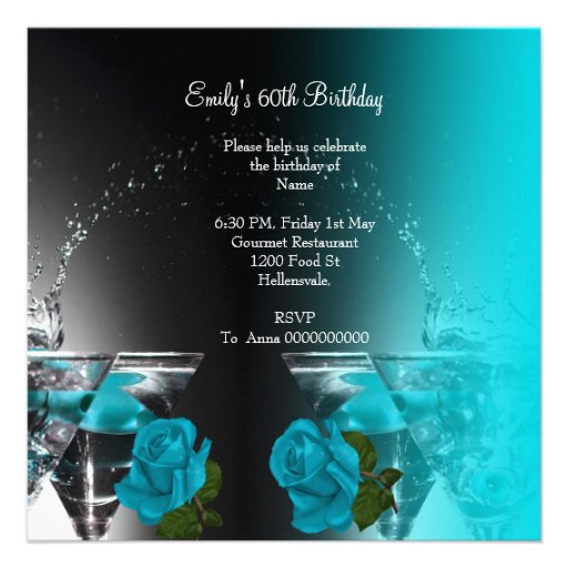 Fabulous 60 60th Birthday Teal Roses Martini Invitation