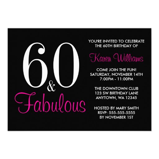 Fabulous 60th Black Pink Birthday Party Invitation (front side)