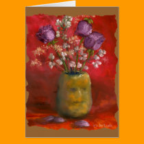 Face Vase with Purple Flowers in Red Background cards