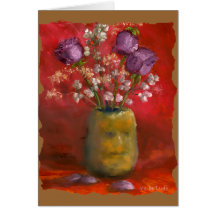 Face Vase with Purple Flowers in Red Background Greeting Cards