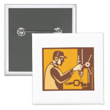 Factory Worker Operator With Drill Press Retro Buttons