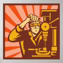 factory worker with bench drill press retro style print