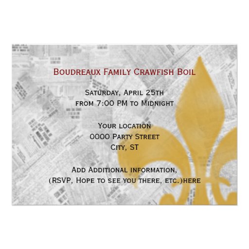 Faded Fleur de Lis Newspaper Crawfish Boil Invite