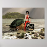 Fairy rides a Turtle Posters
