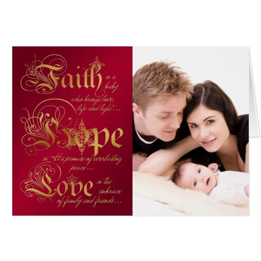 Faith, Hope, Love Red, Gold Photo Christmas Card | Zazzle