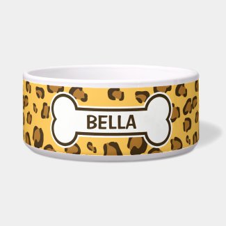 Fake Leopard Print With Bone And Name Dog Bowls