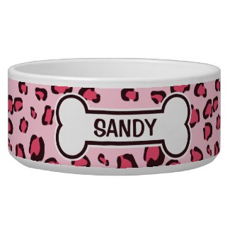 Fake Pink Leopard Print With Bone And Name Dog Food Bowls