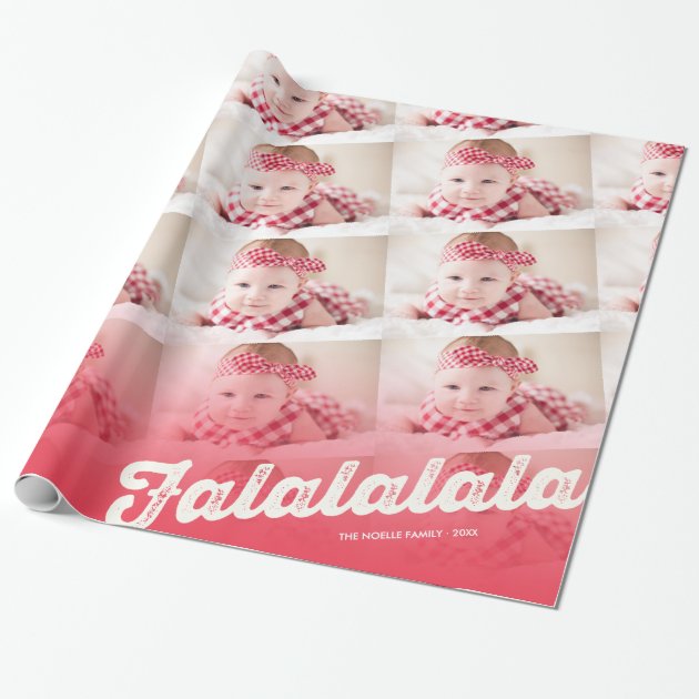 Falalalala Red Ombre Christmas Photo Collage Wrapping Paper 1/4