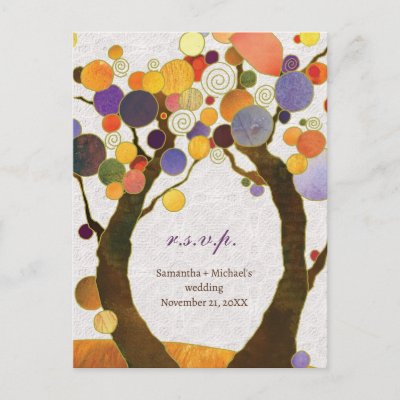 Fall Art Deco Love Trees Wedding RSVP (4.25x5.6) Post Card