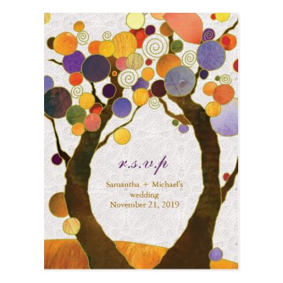 Fall Art Deco Love Trees Wedding RSVP Postcard